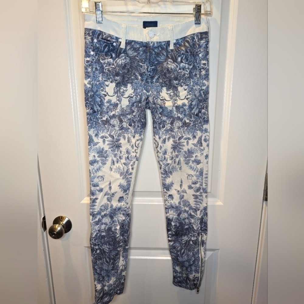 Mother Jeans The Looker Ankle Zip Skinny Blue and White Size 25